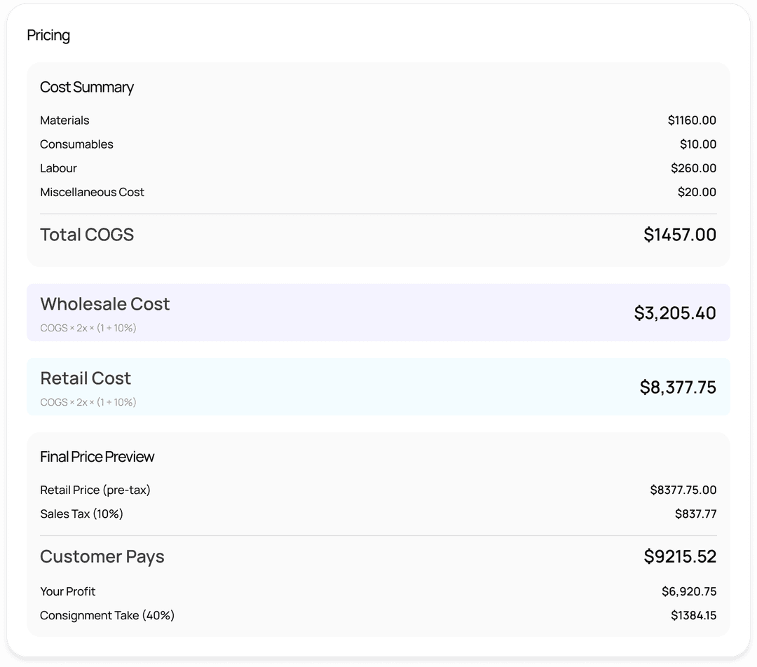 Vault pricing summary preview